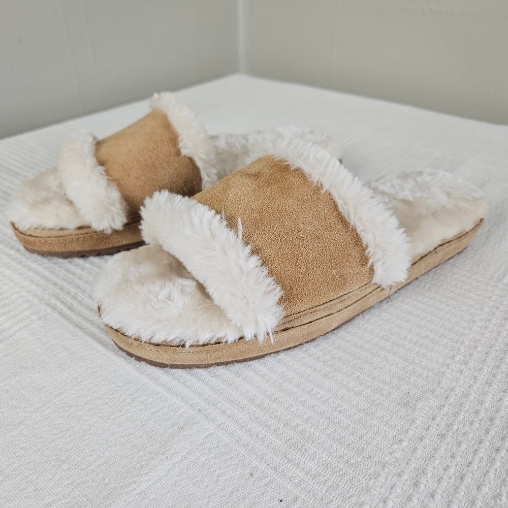 NWOT Minnetonka Pansy Slide Slipper Shoes Sz‎ 7 Suede Leather Upper Faux Fur Tan
